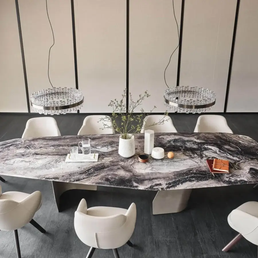 Distinguished Cattelan Italia Senator table with swirling white, gray and black glass and asymmetrical metal bases in glossy finish