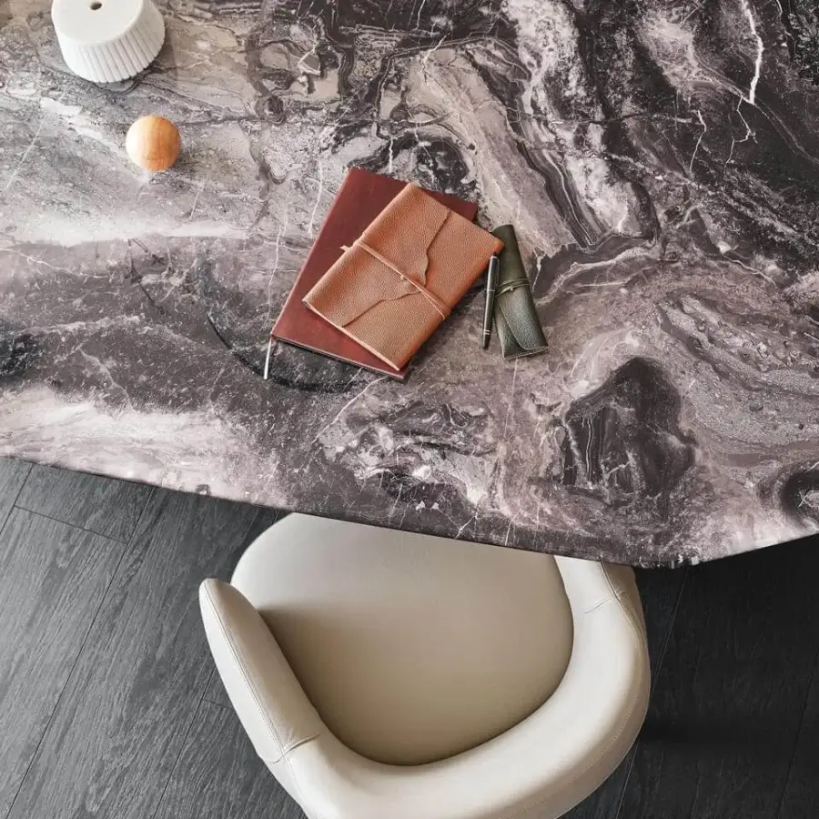 Superior Cattelan Italia Senator table with marble-veined glass and elegantly beveled perimeter in dark grey tones
