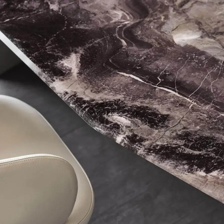 Captivating Cattelan Italia Senator table with dark brown marble-effect glass and beveled edges, supported by matte gray metal bases