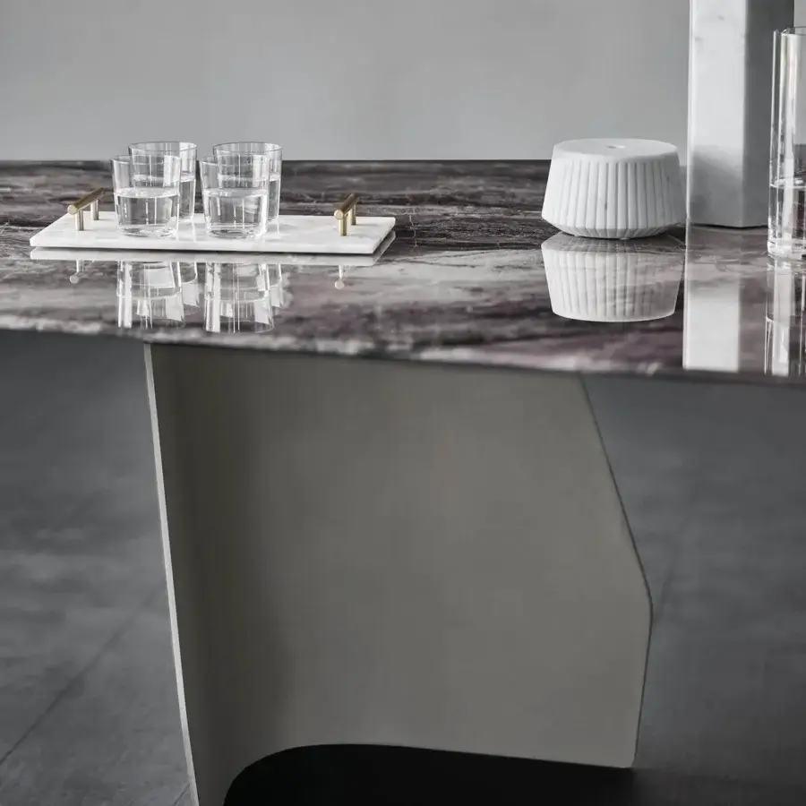 Distinguished Cattelan Italia Senator table with gray and brown decorative glass printing and asymmetrical matte gray metal base