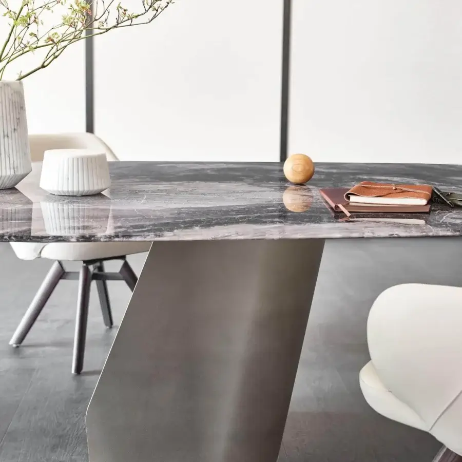 Exceptional Cattelan Italia Senator table with decorative glass printing recalling marble veins and matte metal base