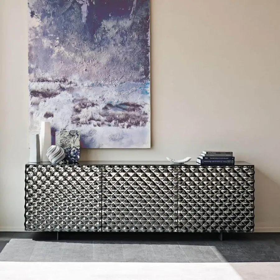 Superior Cattelan Italia Vivaldi sideboard with quilted mirrored glass and graphite lacquered wood finish