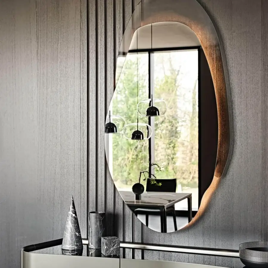Distinguished Cattelan Italia Akumal mirror crafted in fumé glass with a fumé glass frame and organic asymmetrical form