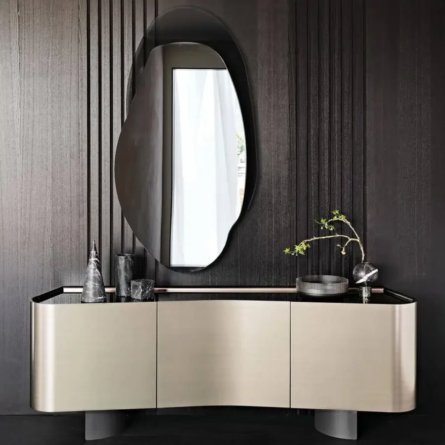 Superior Cattelan Italia Akumal mirror built in fumé glass with an irregular, matching fumé glass frame