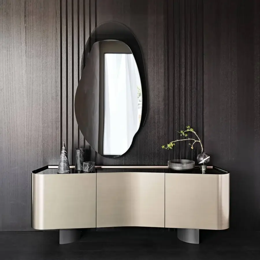 Superior Cattelan Italia Blues sideboard with rounded shape, titanium lacquered wood, and fumé mirrored glass top