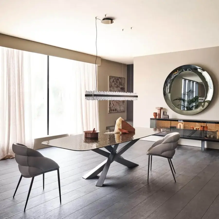 Distinguished Cattelan Italia Camilla ML armchair with muted gray textile upholstery and embossed lacquered steel base