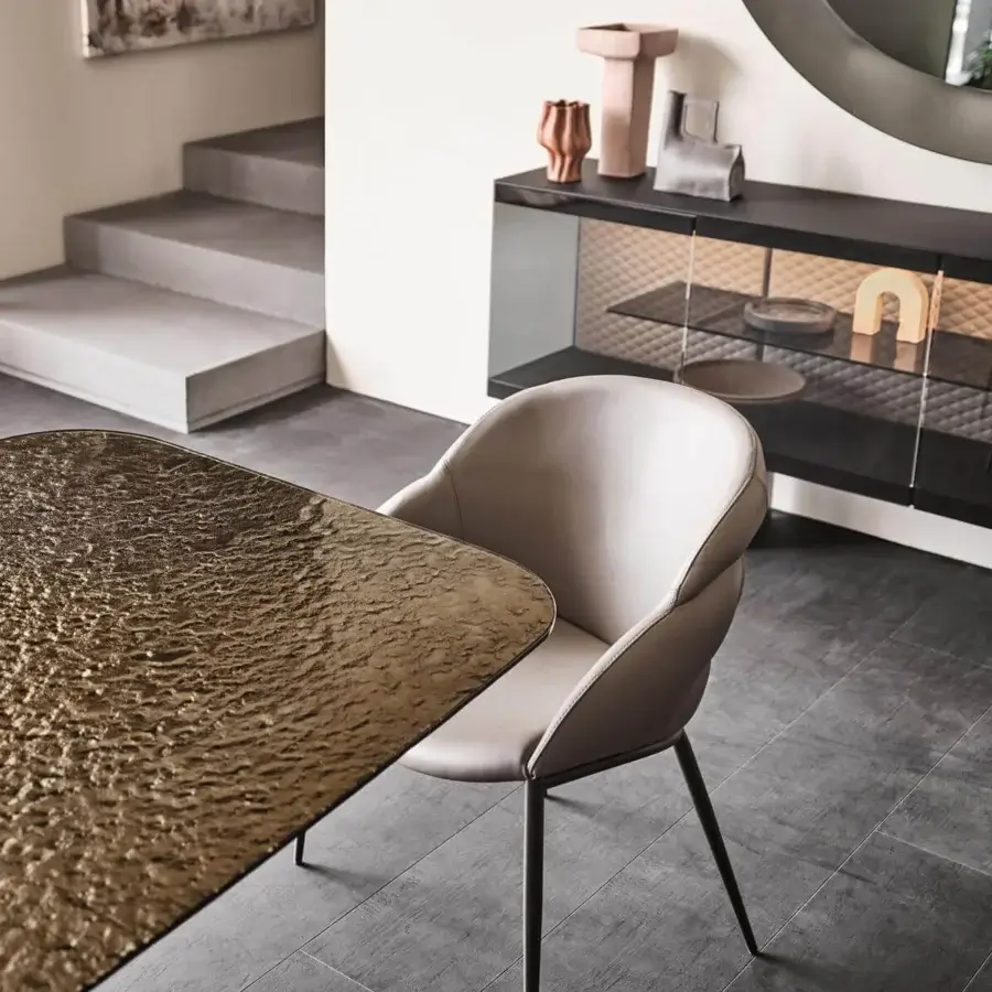 Refined Cattelan Italia Camilla ML armchair with light gray synthetic leather upholstery and embossed lacquered steel base