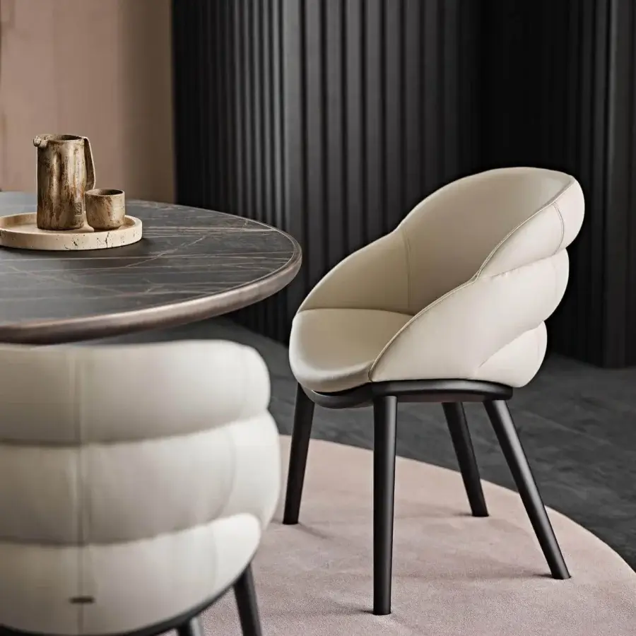 Distinguished Cattelan Italia Camilla armchair with light beige fabric upholstery and matte finish wooden base