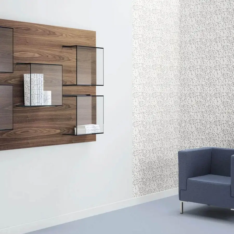 Exclusive Tonelli Design Dazibao bookcase with Canaletto walnut panel and five transparent glass shelves creating a striking display space