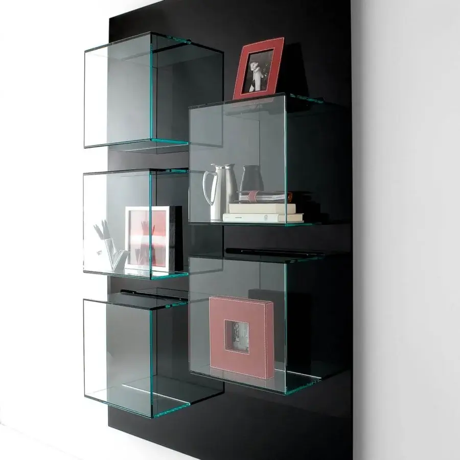 Exceptional Tonelli Design Dazibao bookcase with transparent glass shelves and matt black rectangular panel