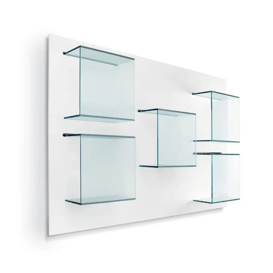 Superior Tonelli Design Dazibao bookcase with transparent glass shelves and matt white wooden rectangular panel