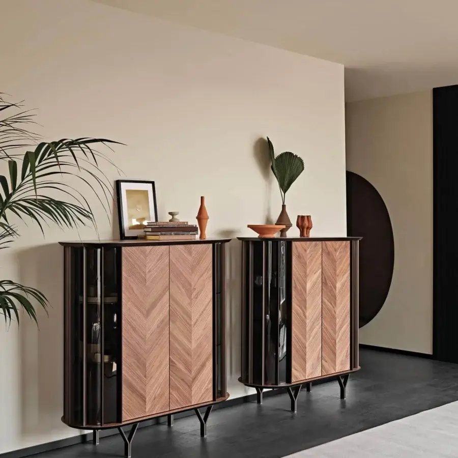 Distinguished Cattelan Italia Costes cupboard with diagonally slatted Canaletto walnut and curved transparent glass sides built with lacquered metal inserts
