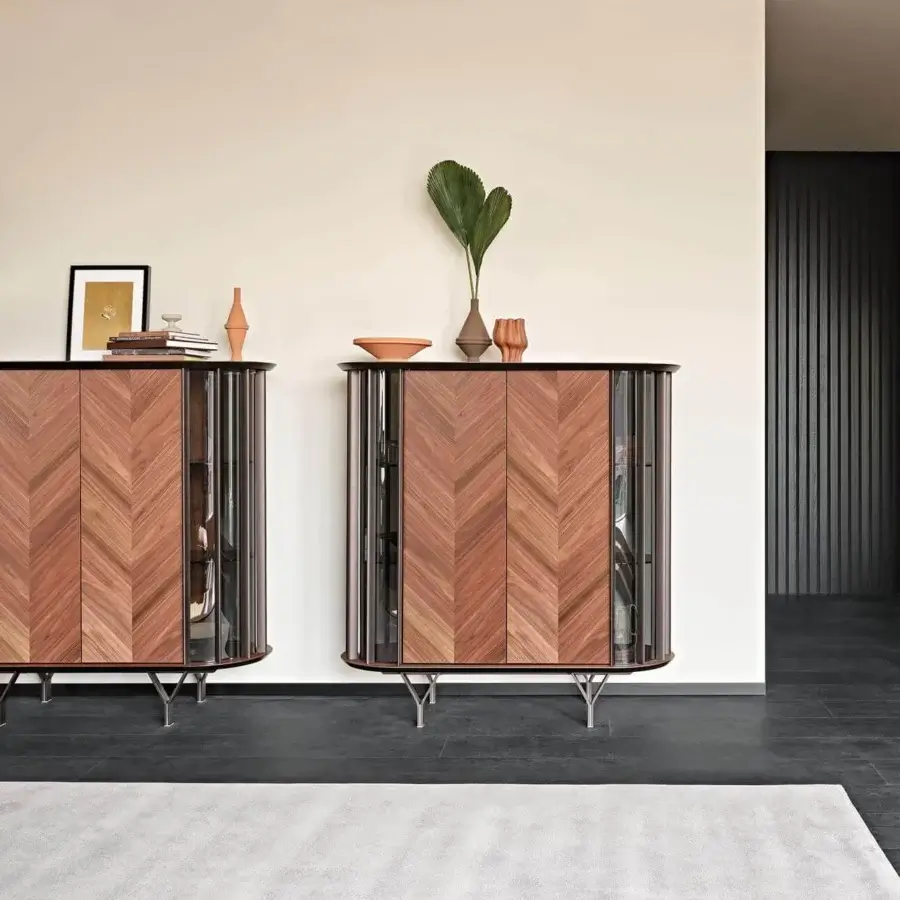 Elegant Cattelan Italia Costes cupboard in Canaletto walnut with embossed lacquered steel and curved transparent glass sides
