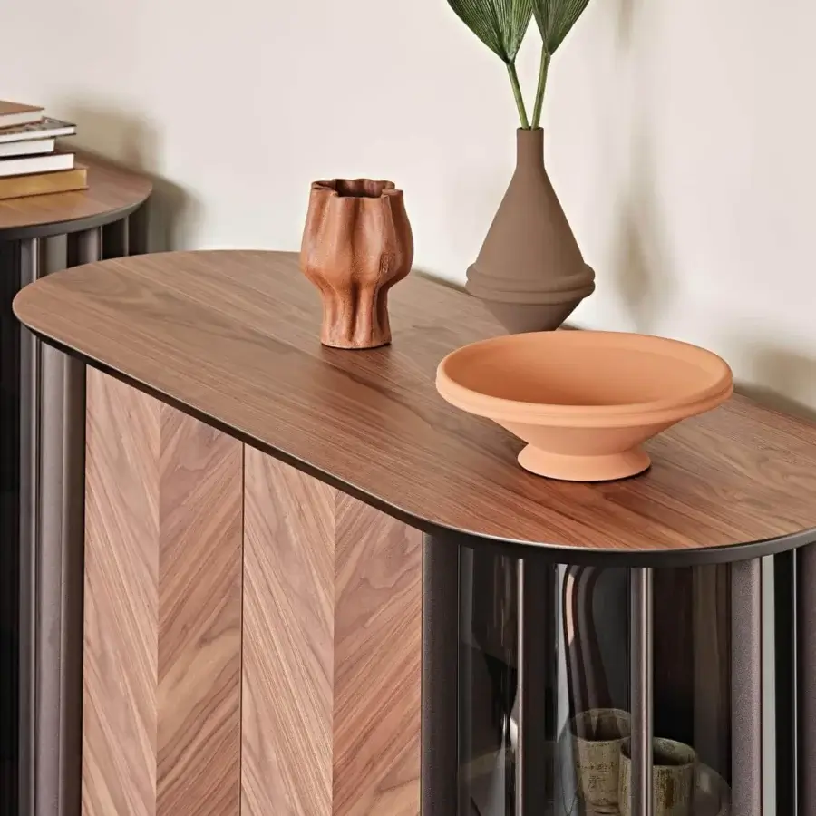 Exceptional Cattelan Italia Costes cupboard in Canaletto walnut with curved transparent glass and embossed lacquered steel base