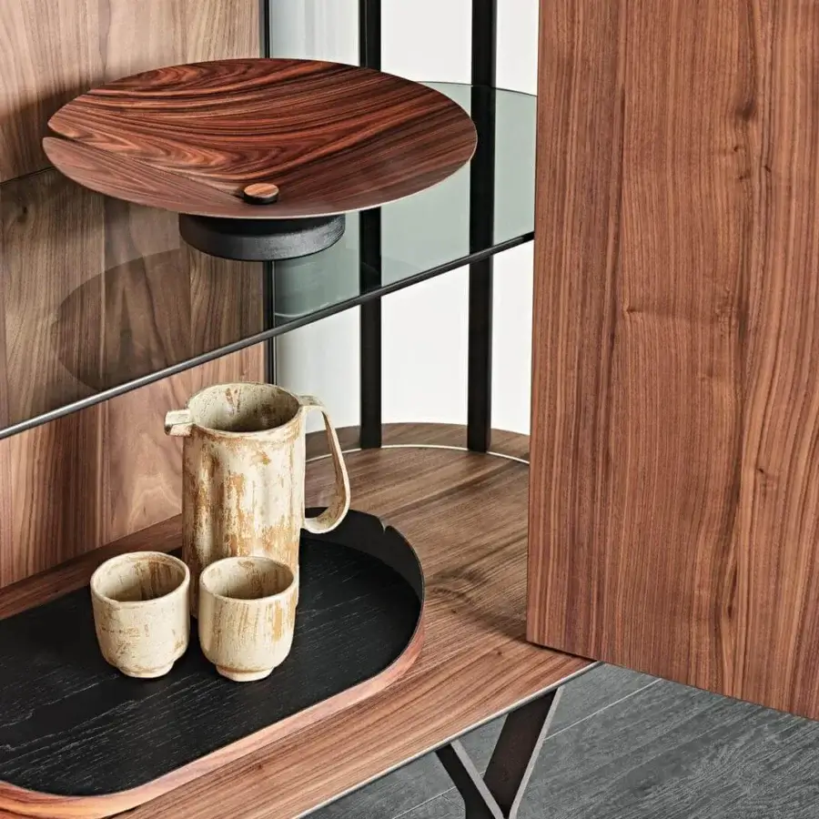 Distinguished Cattelan Italia Costes cupboard in Canaletto walnut with curved transparent glass and embossed lacquered steel base