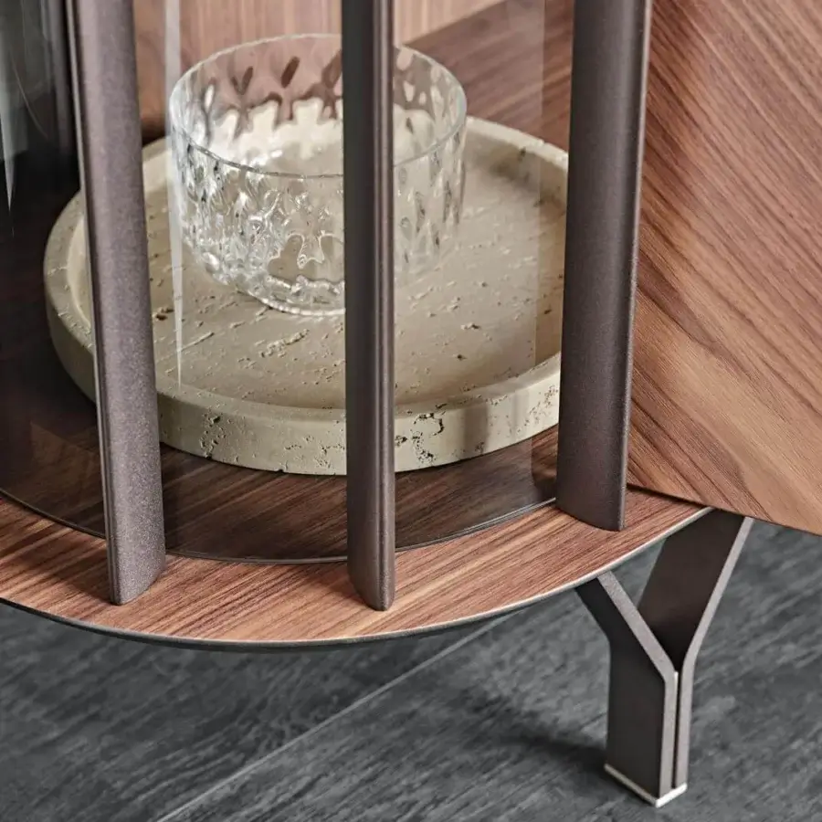 Exceptional Cattelan Italia Costes cupboard in Canaletto walnut with embossed lacquered steel and fumé glass shelving