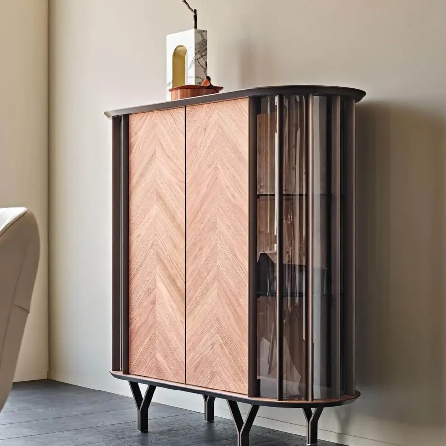 Lavish Cattelan Italia Costes cupboard in Canaletto walnut with curved transparent glass and embossed lacquered metal accents