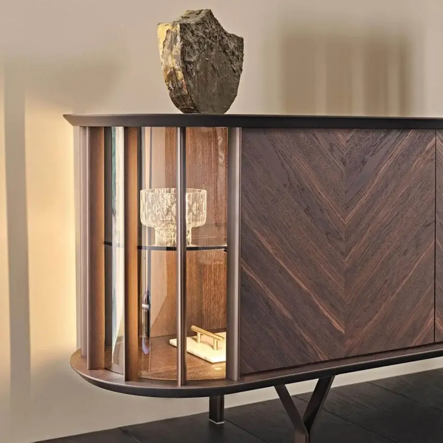 Sophisticated Cattelan Italia Costes sideboard with Canaletto walnut structure and embossed lacquered steel base revealing fumé glass shelves