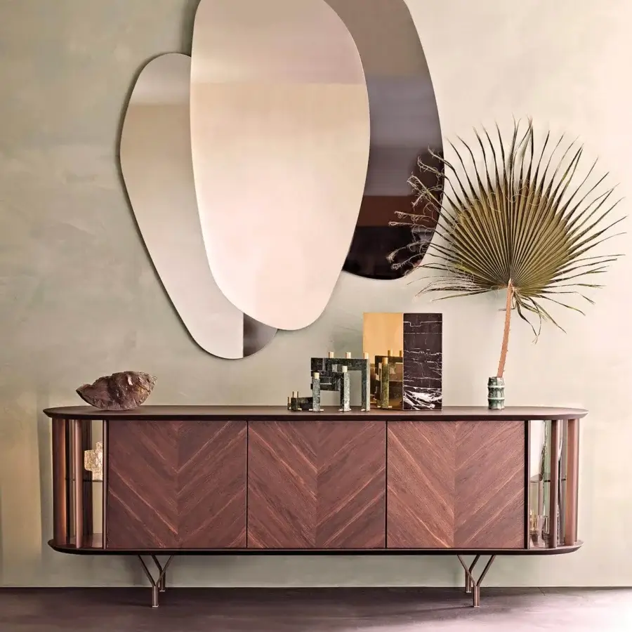 Exceptional Cattelan Italia Costes sideboard with Canaletto walnut structure and transparent glass sides in satin finish