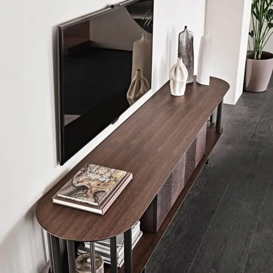 Distinguished Cattelan Italia Costes TV stand with Canaletto walnut wood and embossed lacquered steel, showcasing fumé glass shelving within curved sides