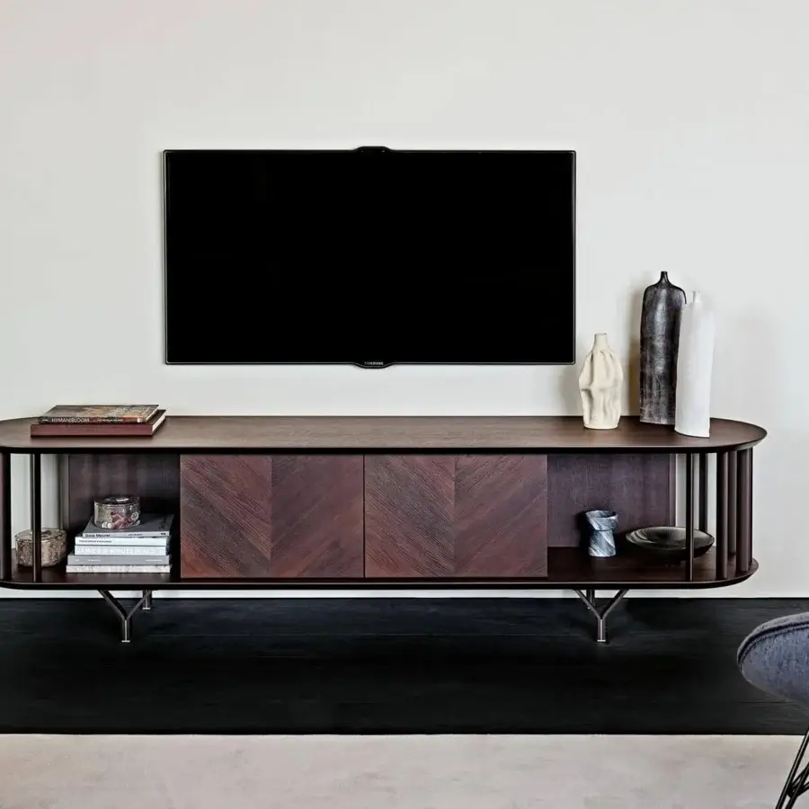 Elegant Cattelan Italia Costes TV stand with Canaletto walnut wood and embossed lacquered steel base in dark brown finish