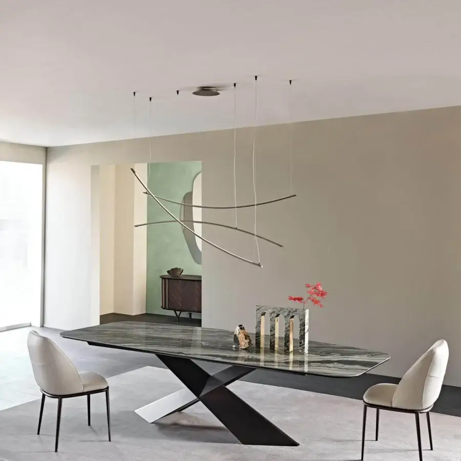 Distinguished Cattelan Italia Mariel ML chair with light beige textile upholstery and dark matte metal legs