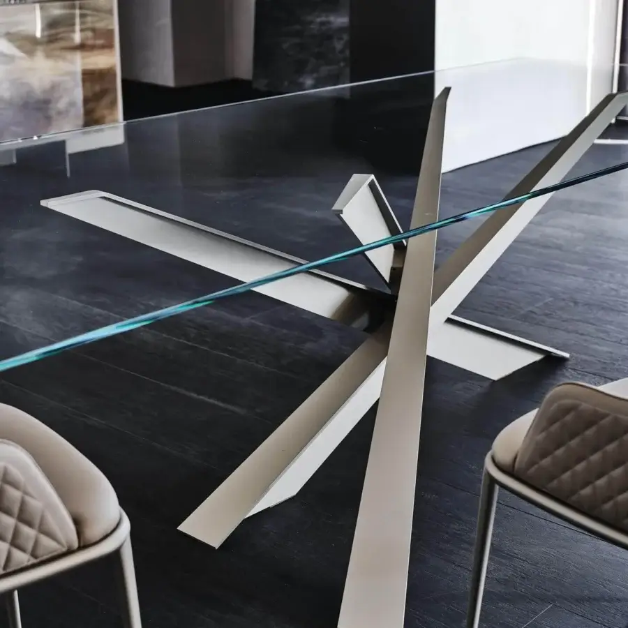 Architectural Cattelan Italia Lancer table with embossed lacquered steel base and transparent rectangular glass top