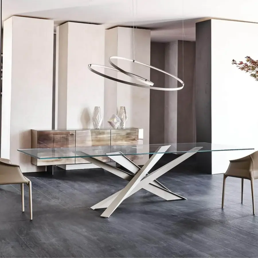 Exceptional Cattelan Italia Lancer table with transparent glass top and light gray embossed lacquered steel base