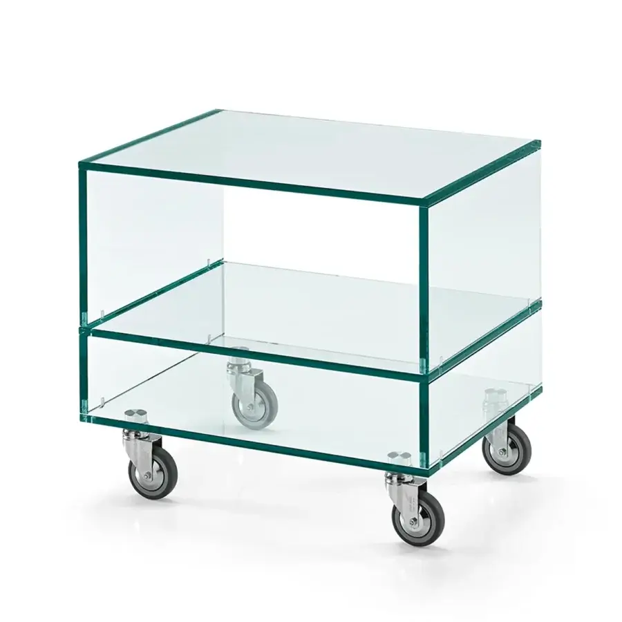 Superior Tonelli Design Grattacielo nightstand in clear glass with wood drawer and shelf built on caster wheels