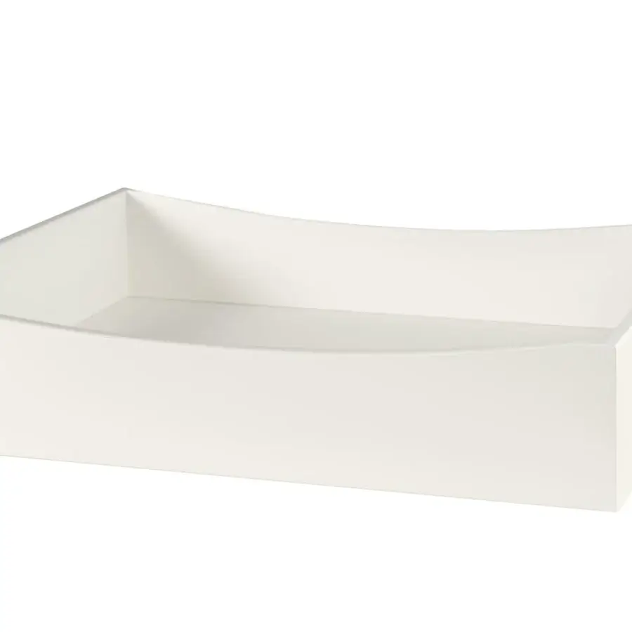 Exclusive Tonelli Design Grattacielo nightstand in smooth off-white glass with a wood shelf and single drawer built atop castors