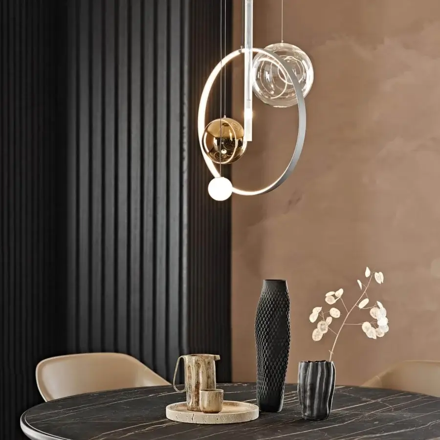 Elegant Cattelan Italia Biarritz suspension lamp with a satin iron grey steel ring and transparent, bronze, frosted glass lampshades illuminated by LED lights