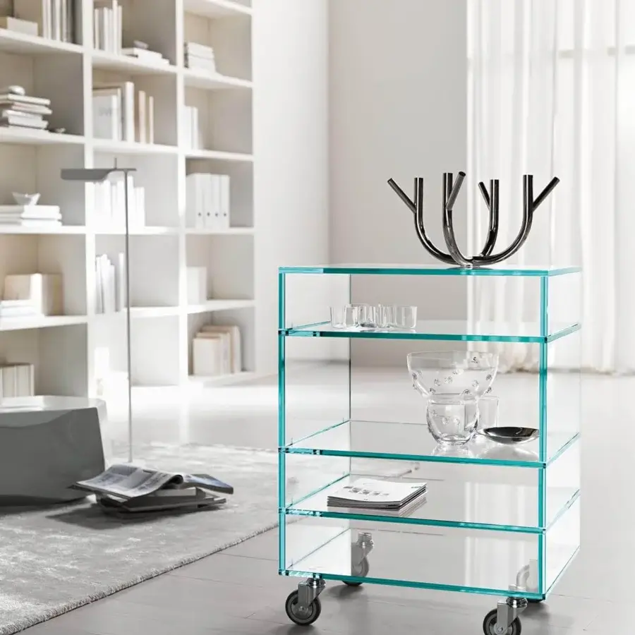 Elegant Tonelli Design Grattacielo multipurpose cart with superposed transparent glass elements on a wheeled base