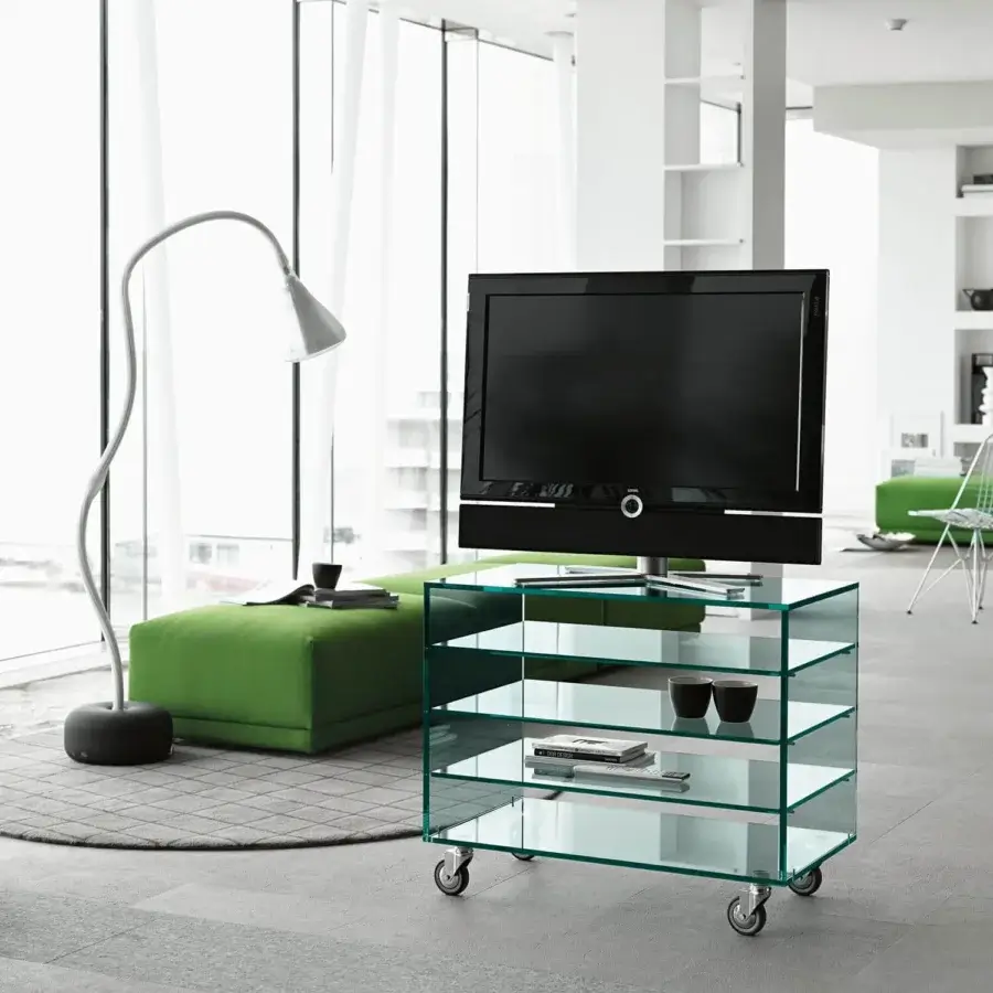 Distinguished Tonelli Design Grattacielo multipurpose cart with transparent glass tiers and smooth finish built on castors