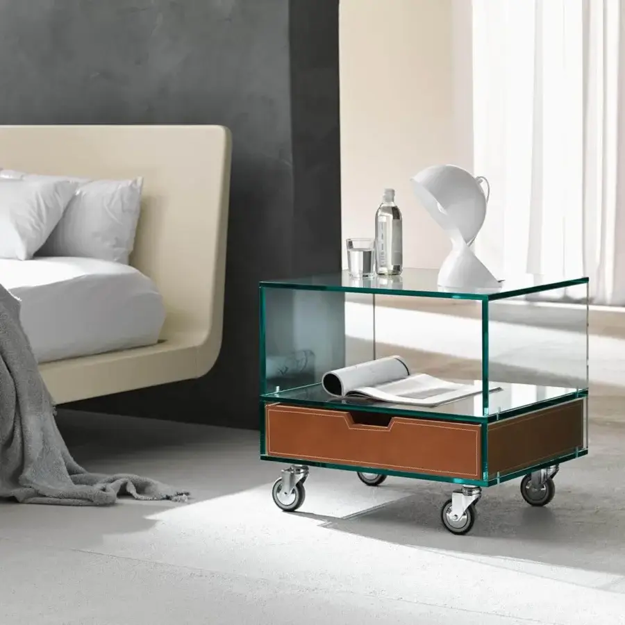 Sophisticated Tonelli Design Grattacielo multipurpose cart with superposed transparent glass and refined brown leather drawer