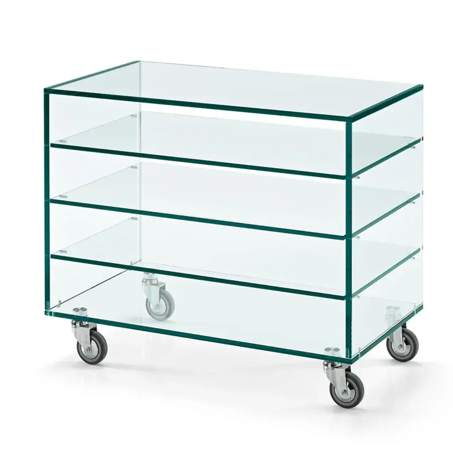 Exclusive Tonelli Design Grattacielo multipurpose cart crafted in transparent glass with metal connectors and glossy finish