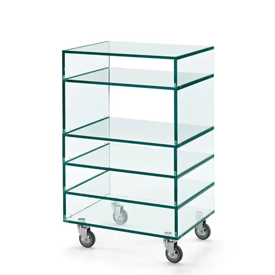 Distinguished Tonelli Design Grattacielo multipurpose cart in transparent glass with glossy finish and smooth rolling castors