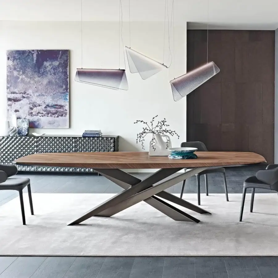 Distinguished Cattelan Italia Lancer Wood table with sculpted boat-shaped top crafted from diagonal wooden planks and embossed lacquered steel legs