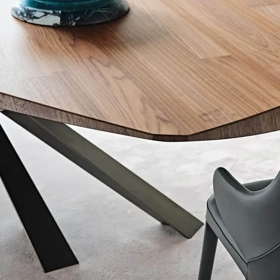 Exceptional Cattelan Italia Lancer Wood table with warm brown wood top and dark gray embossed lacquered steel base