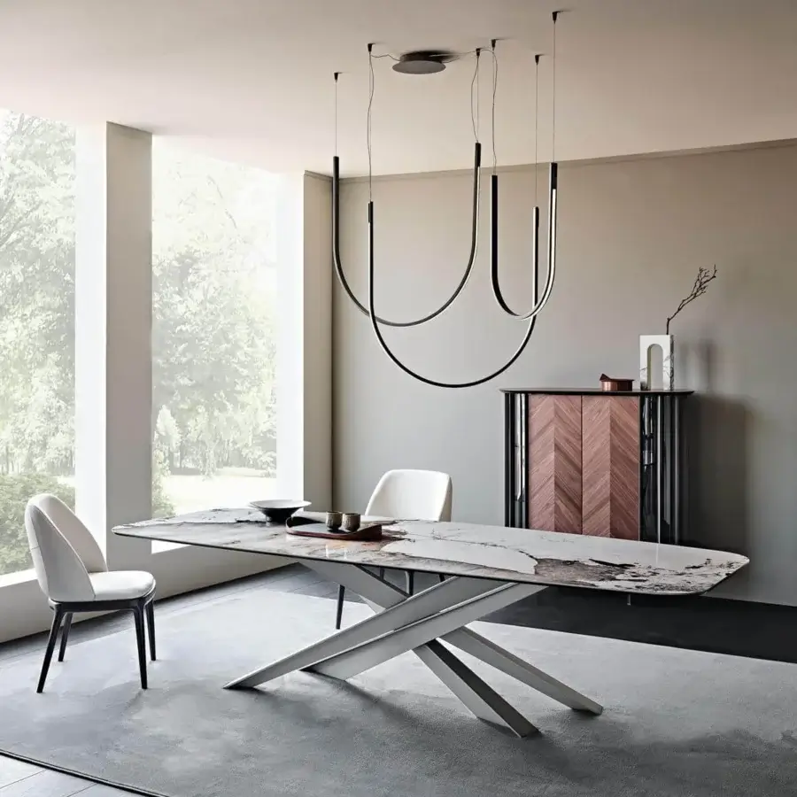 Elegant Cattelan Italia Lancer table with marbled ceramic top and matte grey embossed lacquered steel base