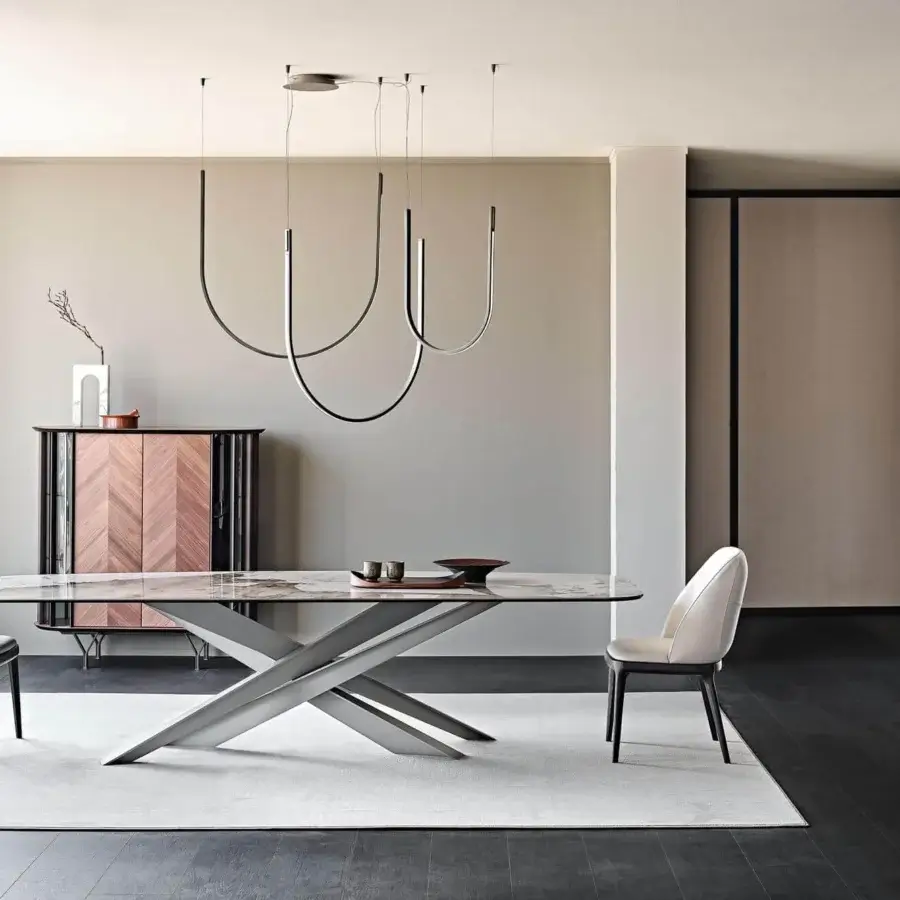 Distinguished Cattelan Italia Lancer table with beige, gray, and brown marbled ceramic top and matte silver embossed lacquered steel base