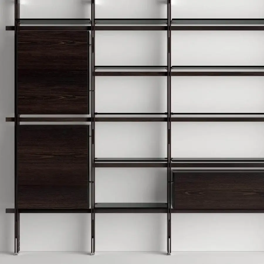 Exclusive Tonelli Design Hemingway bookcase with Siberian ash uprights and polished chrome supports offering clear glass shelves