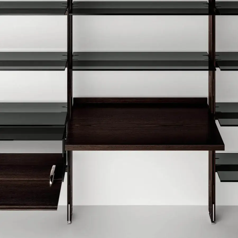 Distinguished Tonelli Design Hemingway bookcase with Siberian ash beams and extra clear glass shelves in a deep brown finish