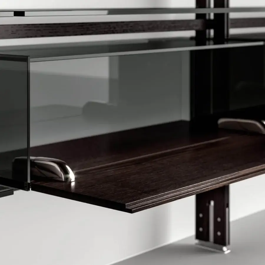 Exceptional Tonelli Design Hemingway bookcase with Siberian ash beams, extra clear glass shelves and a drop-down wooden door