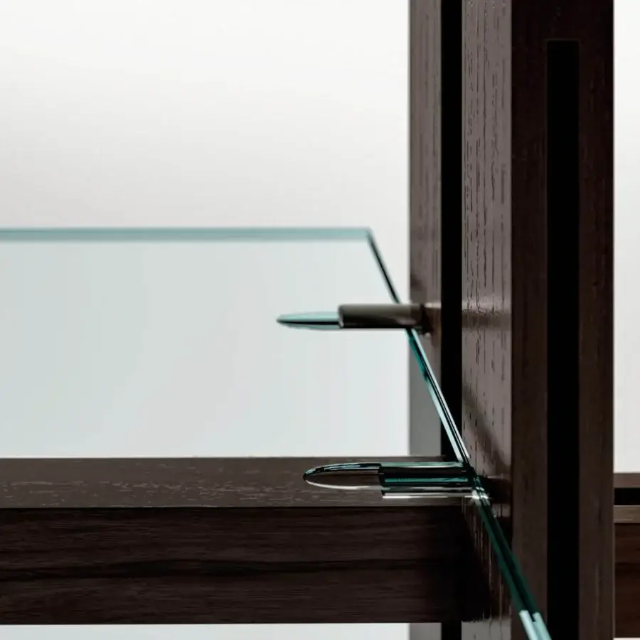 Superior Tonelli Design Hemingway bookcase crafted with Siberian ash, extra clear glass shelves and polished chrome hardware