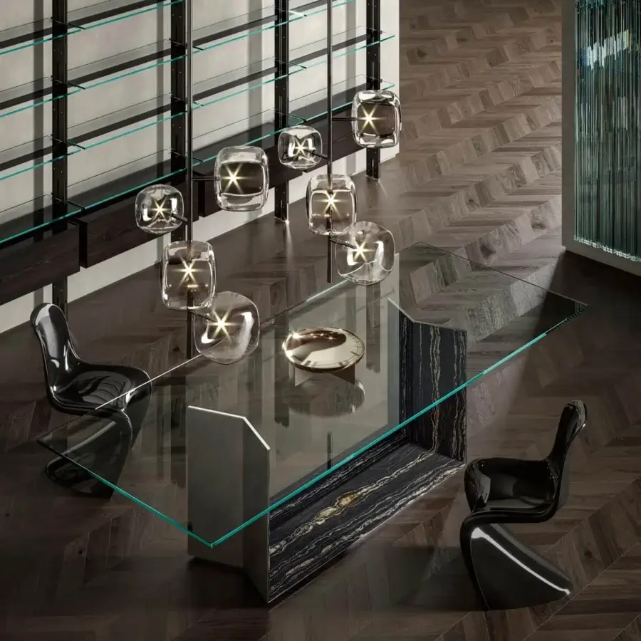 Distinguished Tonelli Design Hemingway bookcase crafted with Siberian ash beams and polished chrome supports, featuring transparent glass shelves