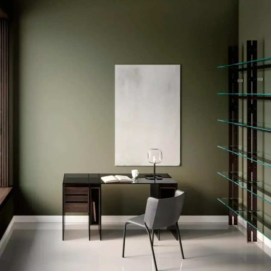 Superior Tonelli Design Hemingway bookcase with dark brown uprights, transparent tinted glass shelves and polished chrome inserts