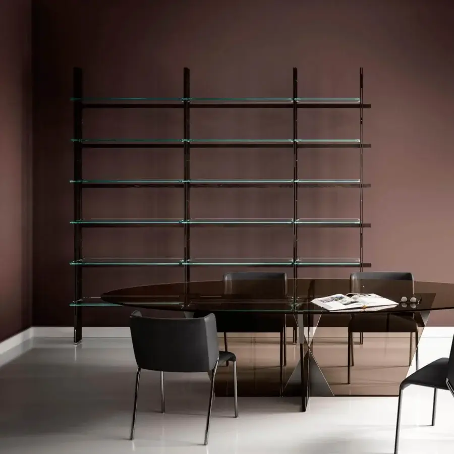 Captivating Tonelli Design Hemingway bookcase with Siberian ash beams and polished chrome inserts in clear glass