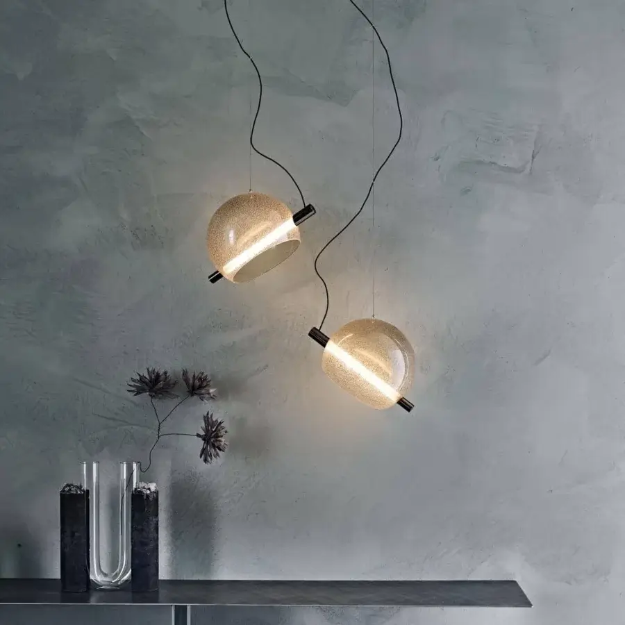 Elegant Cattelan Italia Cody suspension lamp with artistic blown glass and black chrome steel canopy