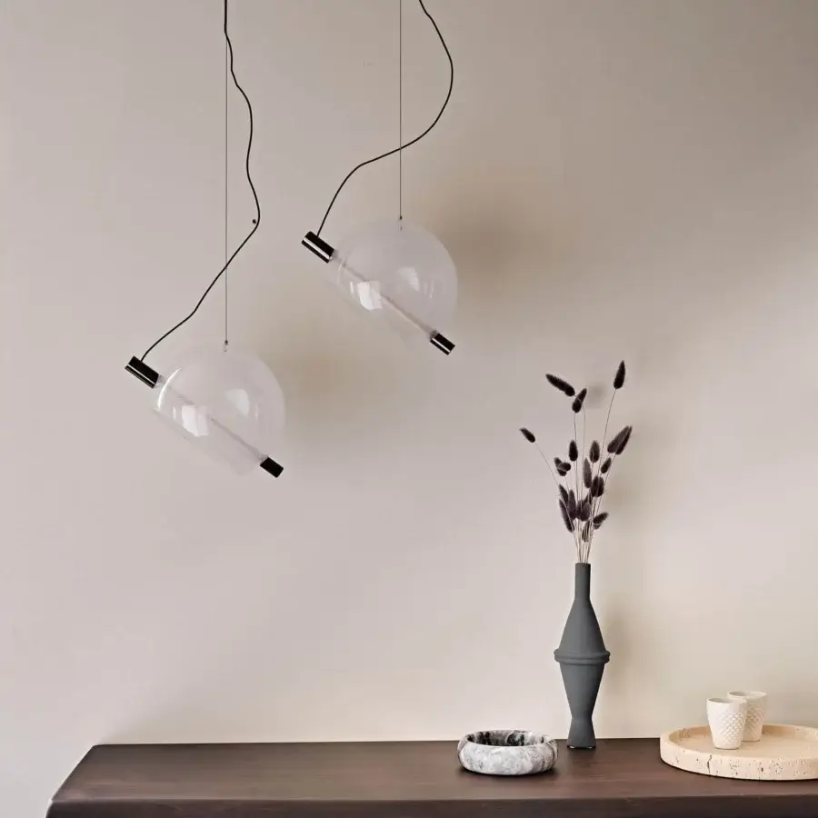 Superior Cattelan Italia Cody suspension lamp with artistic blown transparent glass and black chrome steel canopy