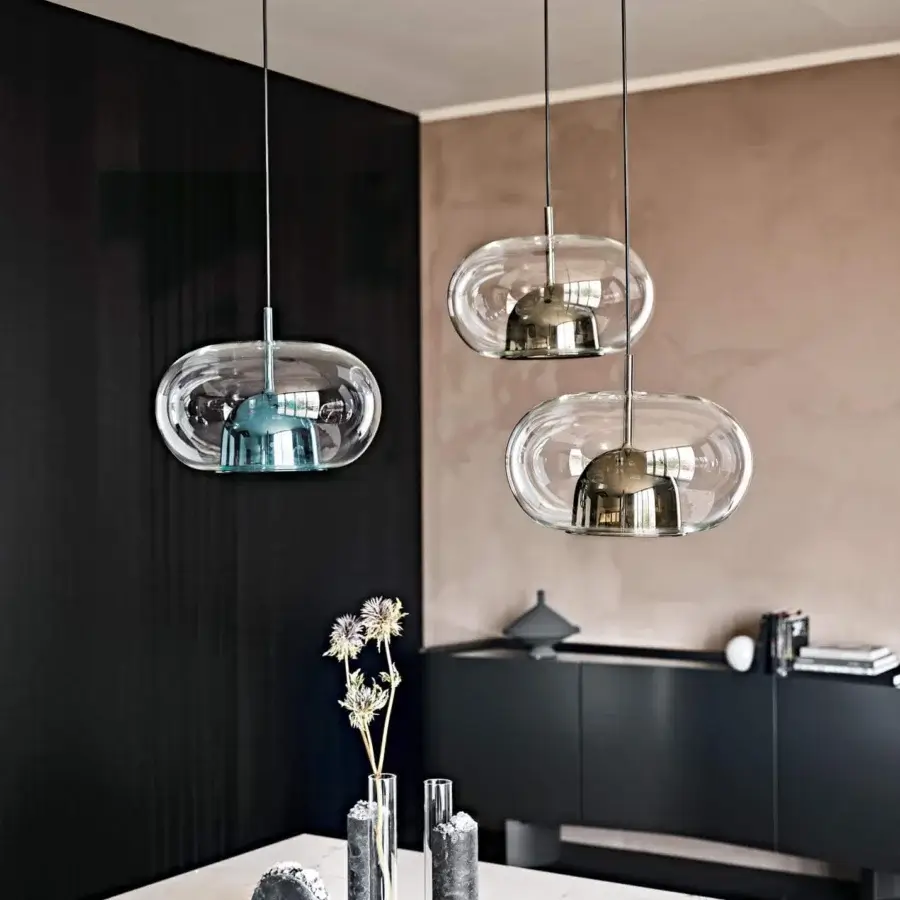 Refined Cattelan Italia Coimbra suspension lamp with transparent glass sphere and gold-toned painted glass bell crafted in Italy